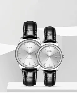 Pair of Gedi quartz watches with black leather straps and date display for couples