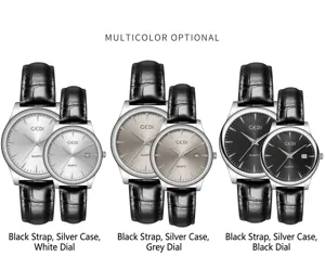 GEDI leather strap couple watches with silver case and multi-color dials