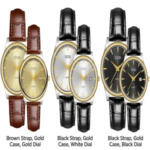 Macro view of GEDI couple watches showing three premium color variants with leather straps