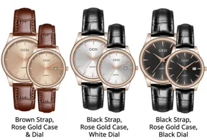 Gedi minimalist couple's quartz watches with leather straps and date display