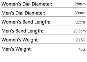 Detailed specification table for classic couple's quartz watches with leather straps