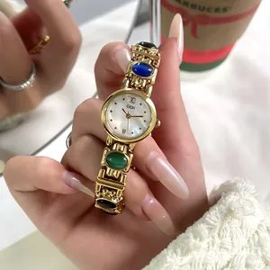 GEDI Vintage Ethnic Style Bracelet Watch For Women Colorful Artificial Stone Inlaid Alloy Quartz Wristwatch Exotic Decorative Timepiece Jewelry Gift For Ladies Waterproof