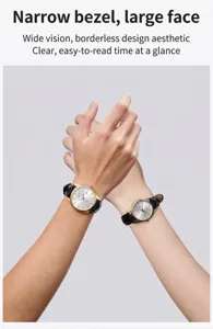 Close-up of GEDI classic leather couple quartz watches with calendar on male and female hands