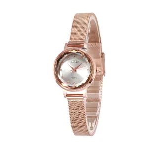 Montre quartz élégante en or rose pour femme avec bracelet en maille d'acier inoxydable