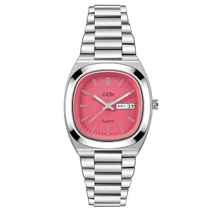 Gedi silver stainless steel ladies watch with oval pink dial and day-date display