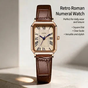 Montre à quartz rectangulaire vintage pour femme avec bracelet en cuir marron et chiffres romains