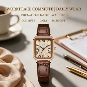 Élégante montre à quartz carrée rétro pour femme avec bracelet en cuir et chiffres romains