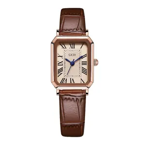 Montre à quartz GEDI vintage élégante pour femme, rectangulaire, bracelet en cuir brun