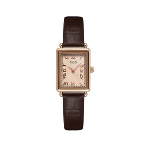 Vintage quadratische Quarzuhr für Damen mit braunem Lederarmband und GEDI Zifferblatt.