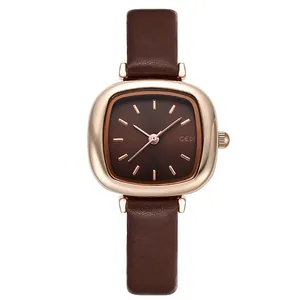 Elegant GEDI retro square women's watch with brown leather strap and rose gold case