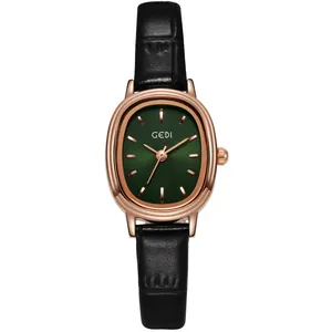 GEDI Vintage-Uhr mit ovalem grünem Zifferblatt und schwarzem Lederarmband