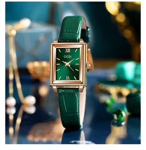 Elegant GEDI women's rectangular quartz watch with green sunburst dial and leather strap