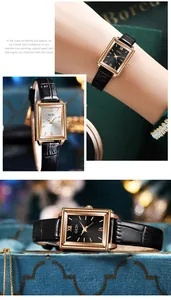 Detailed views of GEDI luxury women's square quartz watch with black leather strap