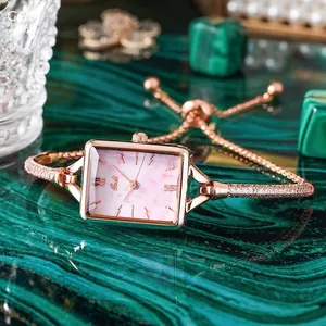 Gedi Luxus Damen Rechteckige Quarzuhr Roségold Strass Armband Malachit Zifferblatt Wasserdicht Elegant Mode Schmuck Uhr