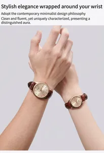 Close-up detail of GEDI couple quartz watches featuring brown leather straps and rose gold cases
