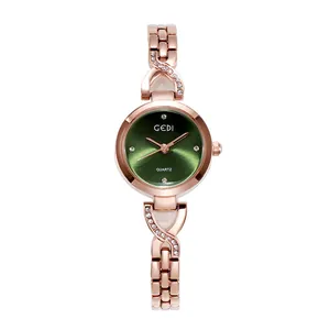 GEDI elegant rose gold women's quartz watch with a sunray green dial and rhinestones