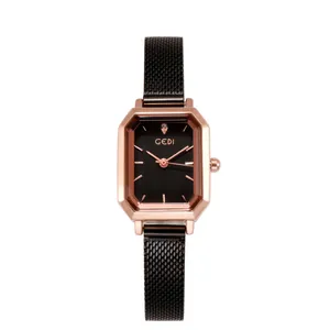 Elegante quadratische Damenquarzuhr von GEDI mit schwarzem Mesh-Armband und roségoldenem Gehäuse