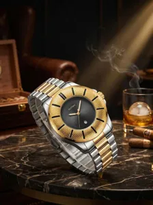 Detailansicht der BESTWIN Business-Uhr mit goldener Lünette im Schlangenmuster-Design.
