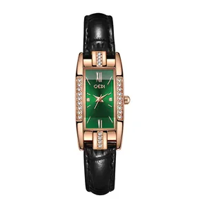 GEDI luxuriöse Damen-Quarzuhr, rechteckig, grünes Zifferblatt, schwarzes Lederarmband
