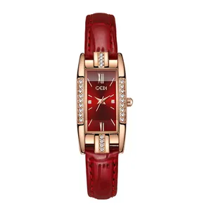 Elegante Gedi Damenuhr mit rechteckigem rotem Zifferblatt und rotem Lederarmband.