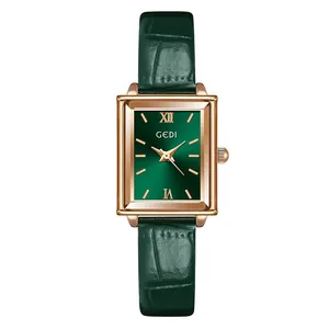 Elegant GEDI women's quartz watch with green square dial and leather strap