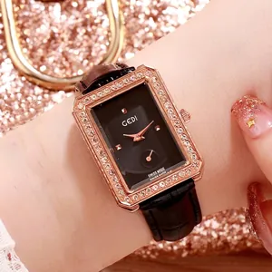 Women's Fashion Square Rhinestone Alloy Case Leather Strap Analog Quartz Wristwatch Elegant Ladies Casual Dress Watch For Daily Party