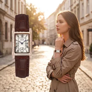 GEDI Vintage Square Quartz Watch for Women Rhinestone Inlaid Alloy Case Leather Strap Elegant Roman Numerals Wristwatch