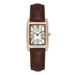GEDI vintage women's quartz watch with brown leather strap and crystal rose gold case
