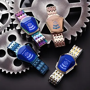 Four unique geometric BESTWIN quartz watches with diamond-cut glass on metallic gear cogs