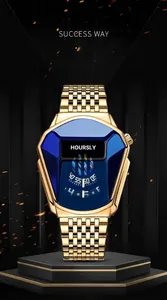 Detailed view of Hourlsy men's gold watch featuring a unique blue snake-head shield dial