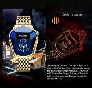 Detailed view of Hoursly men's watch with blue diamond-cut crystal and car-inspired design