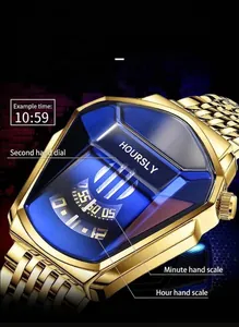 Detail of gold snake-head watch showing unique hour and minute scales on blue dial