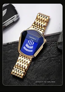 Detailed macro view of the unique shield-shaped blue crystal face on this gold watch