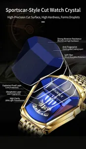 Close-up of the diamond-cut geometric blue lens on Hoursly men's quartz watch