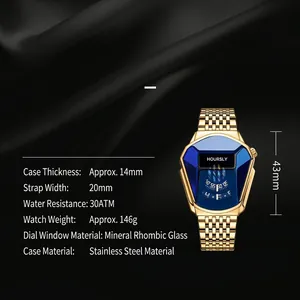 Detailed specs for Hoursly gold cobra head quartz watch with blue shield dial