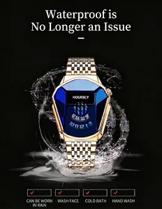 Close-up of Hoursly gold snake-head quartz watch with blue dial and water splash effect