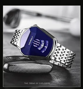 Macro view of HOURSLY triangular men's watch with blue dial and steel strap.