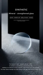 High-definition detail of synthetic mineral watch glass lens with scratch resistance.
