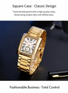 Detailansicht einer professionellen goldenen quadratischen Quarzuhr für Herren Uhr