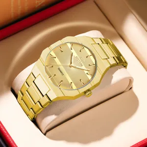 Detailed macro view of Bestwin gold quartz watch featuring octagonal bezel