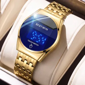 BESTWIN Herren Mode LED Touchscreen Uhr Rund Legierung Gehäuse Edelstahl Armband 30M Wasserdicht Digital Elektronik Uhr