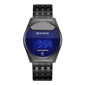 BESTWIN Herren Digitaluhr mit blauem LED-Touchscreen und schwarzem Metallarmband