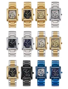 Grid of square skeleton men's quartz watches in various metal finishes