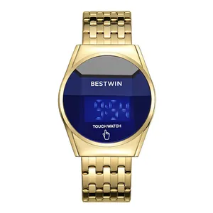 BESTWIN Herren goldene LED-Touchscreen-Uhr mit blauem Zifferblatt und Gliederarmband