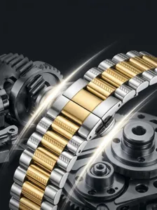 Makrodetail eines zweifarbigen Edelstahl-Uhrenarmbandes mit poliertem Finish