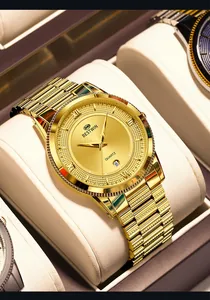 Κομψό Bestwin πολυτελές χρυσό ανδρικό ρολόι quartz με ημερομηνία σε κρεμ μαξιλαράκι