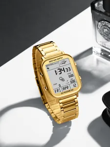 Montre de sport numérique carrée dorée avec podomètre 3D et écran d'astronaute