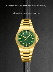 Detail showing a luxury gold men's business quartz watch with green textured dial