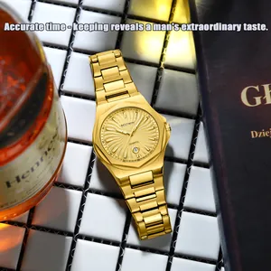 Close-up view of gold men's quartz watch with textured dial on white mosaic tiles