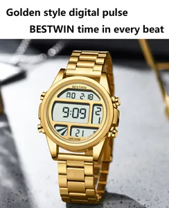 Vue détaillée d'une montre de sport numérique dorée et étanche pour hommes chic